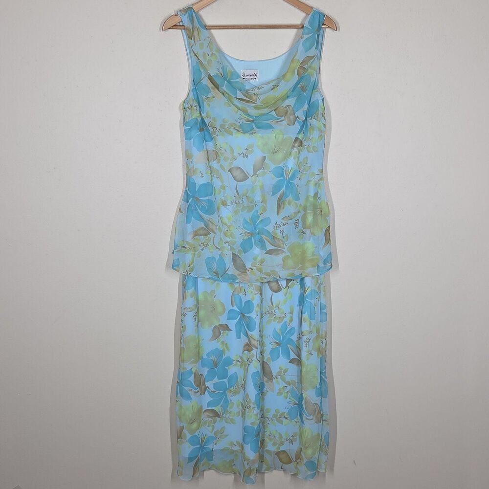 Vtg 90s Y2K Pastel Blue Green Floral Cowl Neck Layered Midi Dress Fairy Cottage